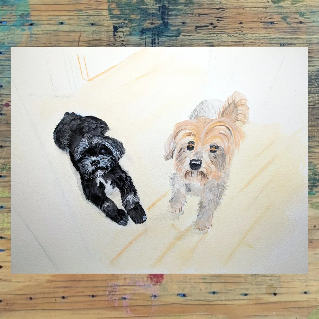 Watercolor painting of two dogs, Gary and Max
